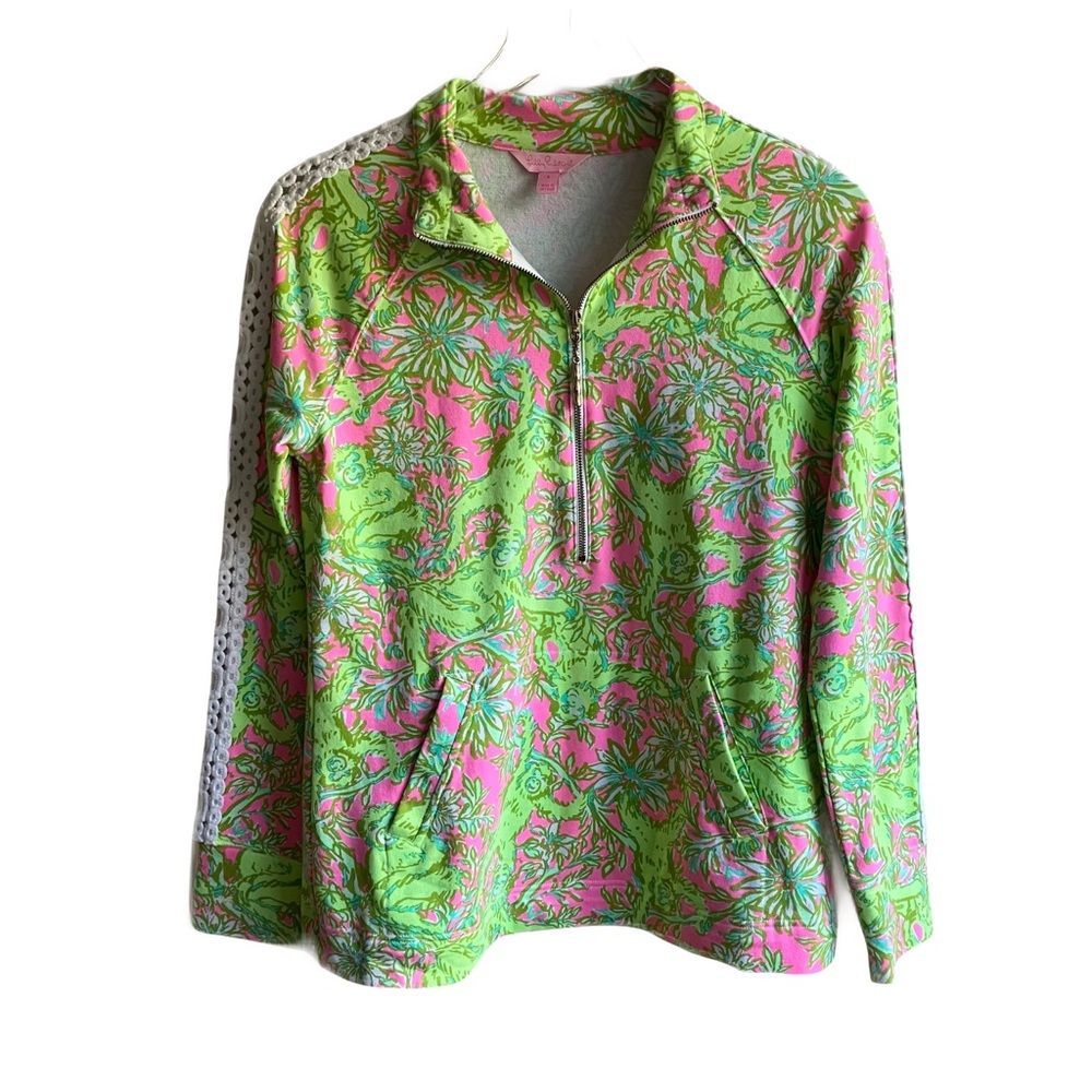 Lilly Pulitzer UPF 50+ Skipper Popover Size S Floral Printed 1/2 Zip Top Crochet